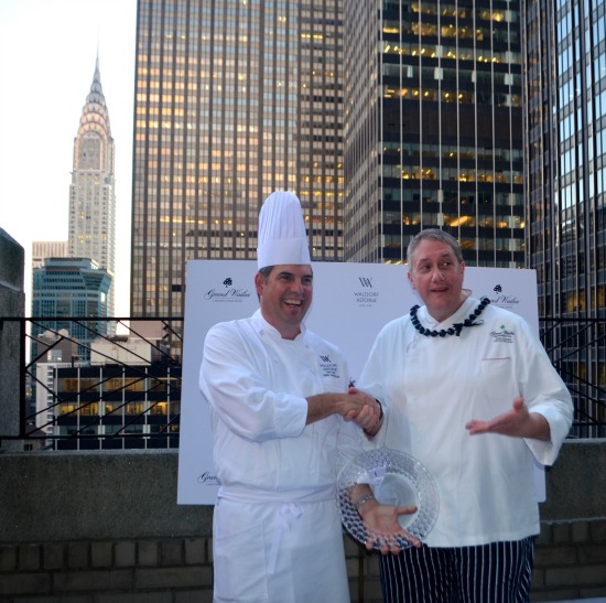 Chef Garcelon (left) and Chef Eric shake hands after a tough match. The New York honey was the judges' pick, while the Hawaiian variety took the popular vote. Credit: Quinn & Co.