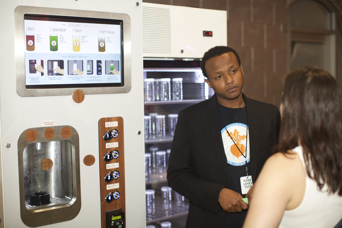 Meet JuiceBot, a San Francisco-based company creating smart, affordable, on-demand juice machines. This is what vending machines will look like and serve in a few years. New York, NY - June 11, 2016: Scenes from the Food Loves Tech festival, hosted by Edible Manhattan and Vayner Media. CREDIT: Clay Williams for Edible Manhattan. © Clay Williams / claywilliamsphoto.com