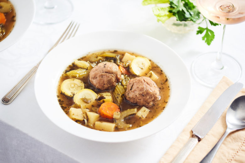 Grandma Fritzie Abadi’s Passover Kibbeh Hamdah (Sour Soup with Lemon, Celery, Mint and Stuffed Meatballs)