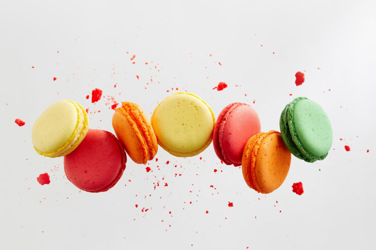 colorful macarons in the air