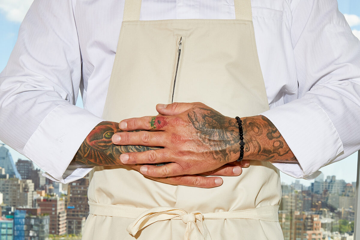 jean paul lourdes super potato apron and tatted hands
