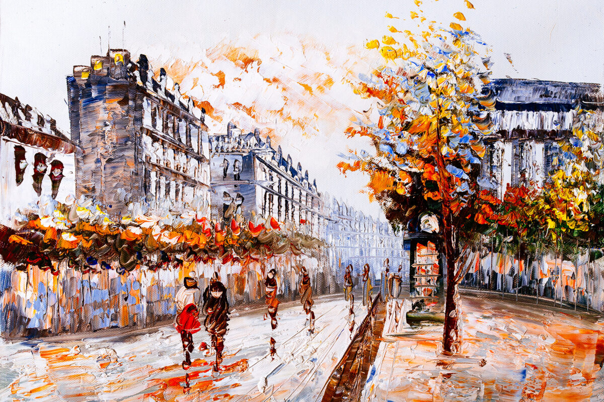 colorful painting of people walking through paris