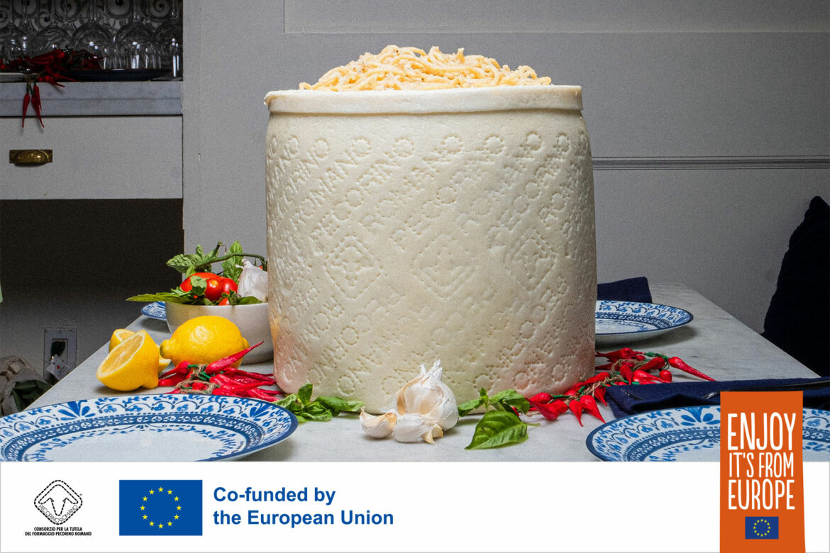 an image of a wheel of pecorino romano cheese with a banner containing sponsored logos