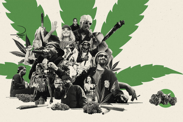 A collage of hip-hop artists and cannabis illustrations