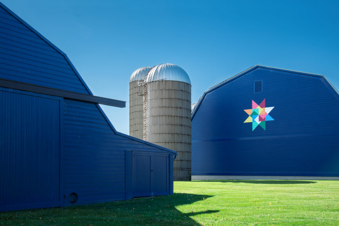 blue barn and silos at gulden farm
